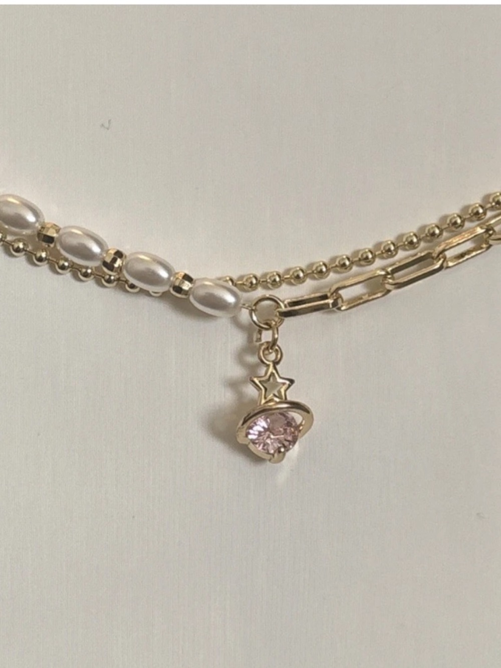 Gold Plated Layered Bracelet Faux Pearl Chain Pink CZ Celestial Charm Adjustable - Picture 5 of 11